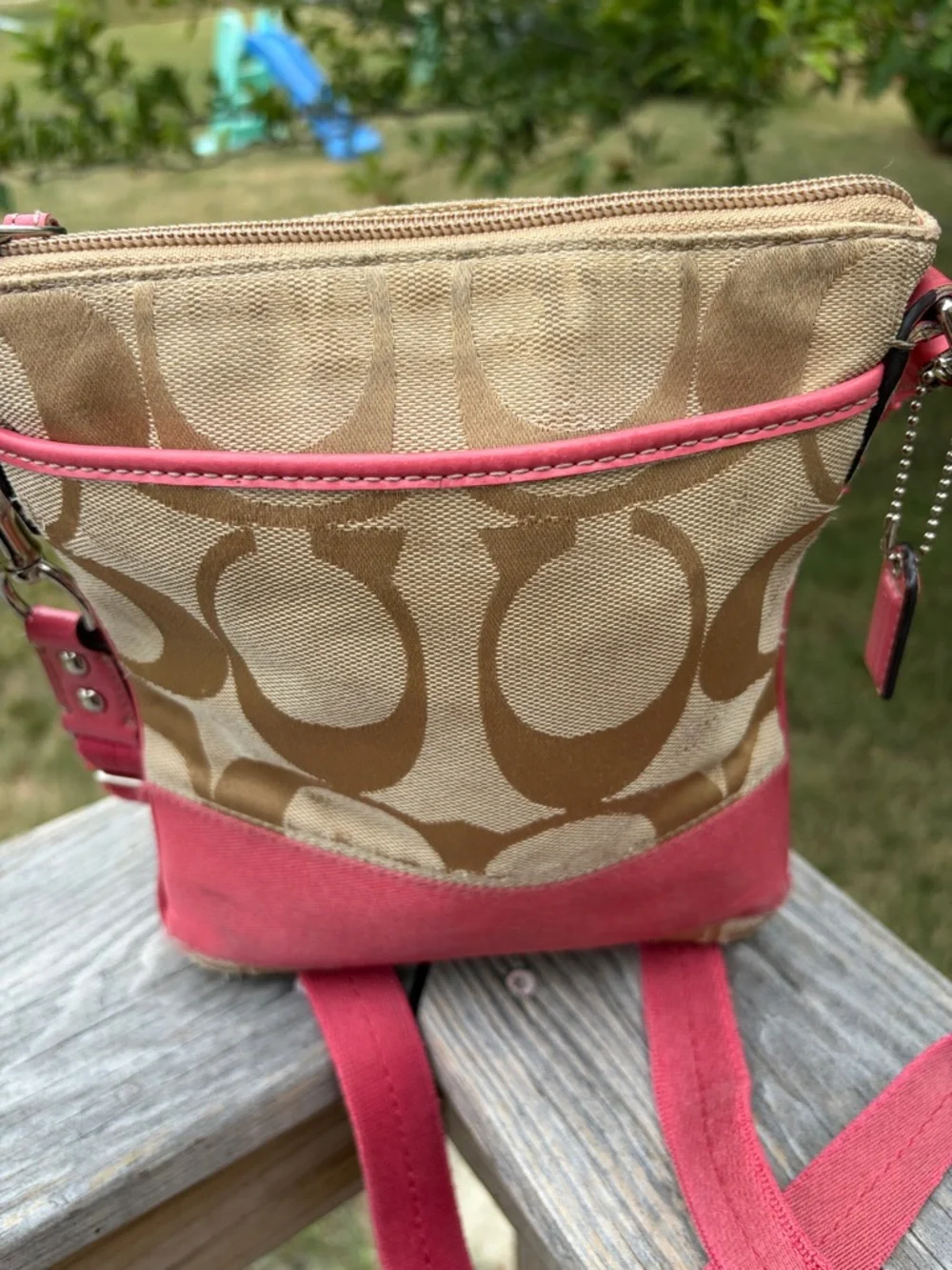 Coach Beige Signature Canvas Crossbody with Pink and patent leather accents